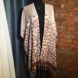 NWT Colleen Lopez Reversible Ruana Leopard Print Kimono w/ Frnge - Size XS/S